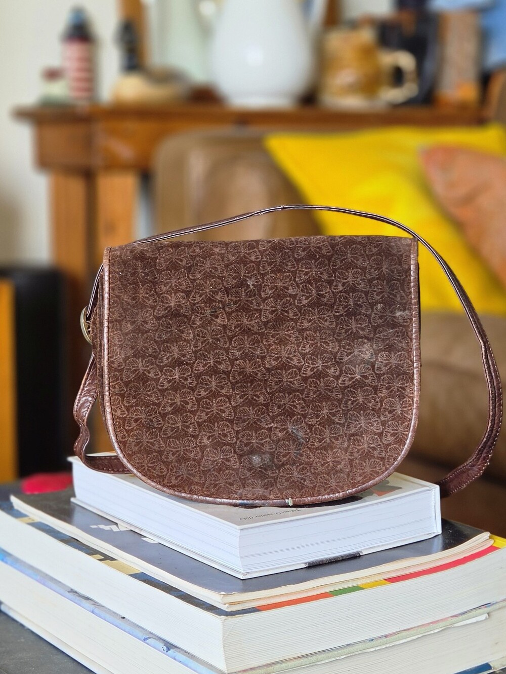 Bottega Veneta VTG 70s Brown Suede Butterfly-Embossed Crossbody Bag